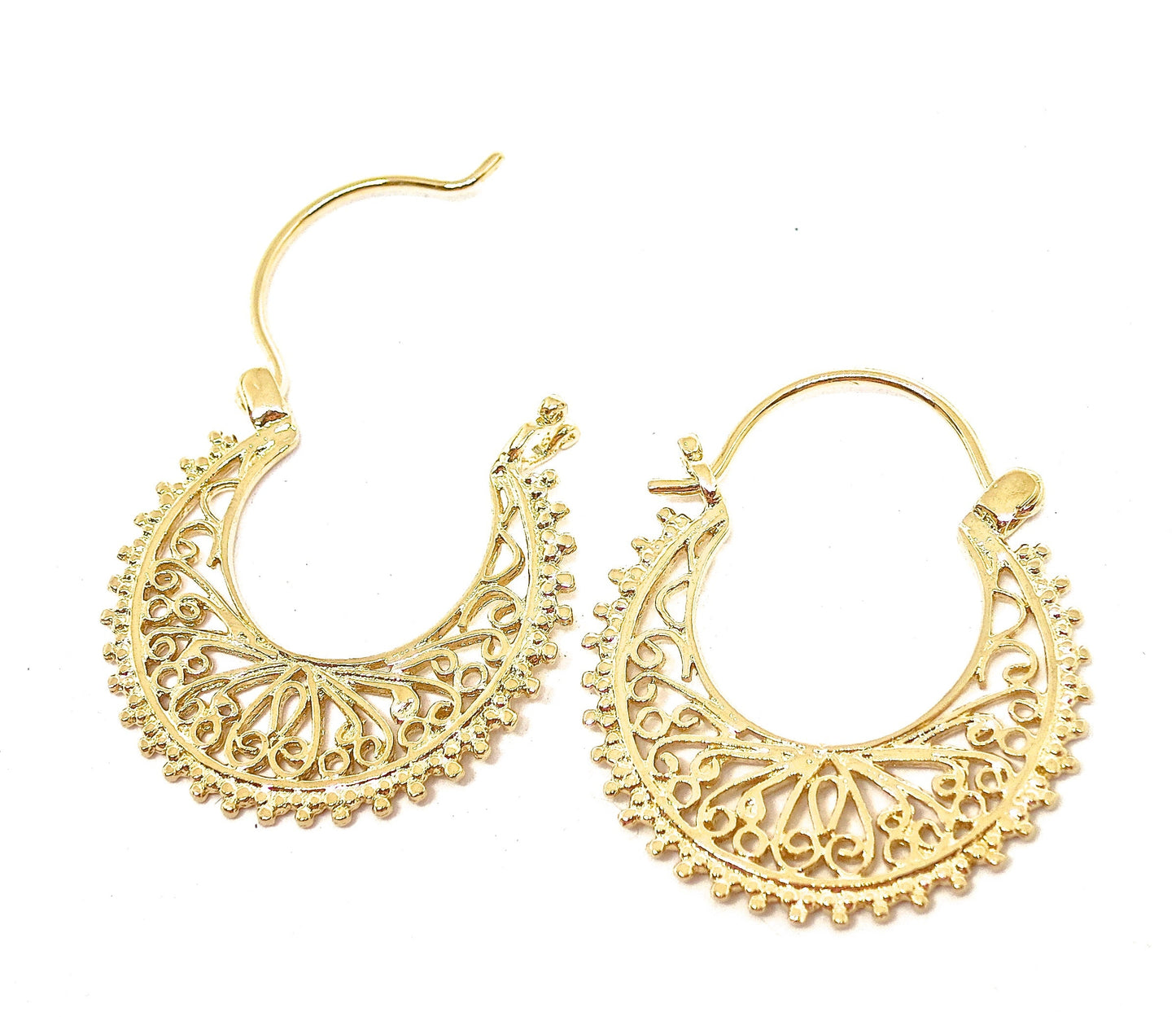 Handmade 14K Gold Floral Filigree Hoop Earrings, Statement Jewelry Gift for Her