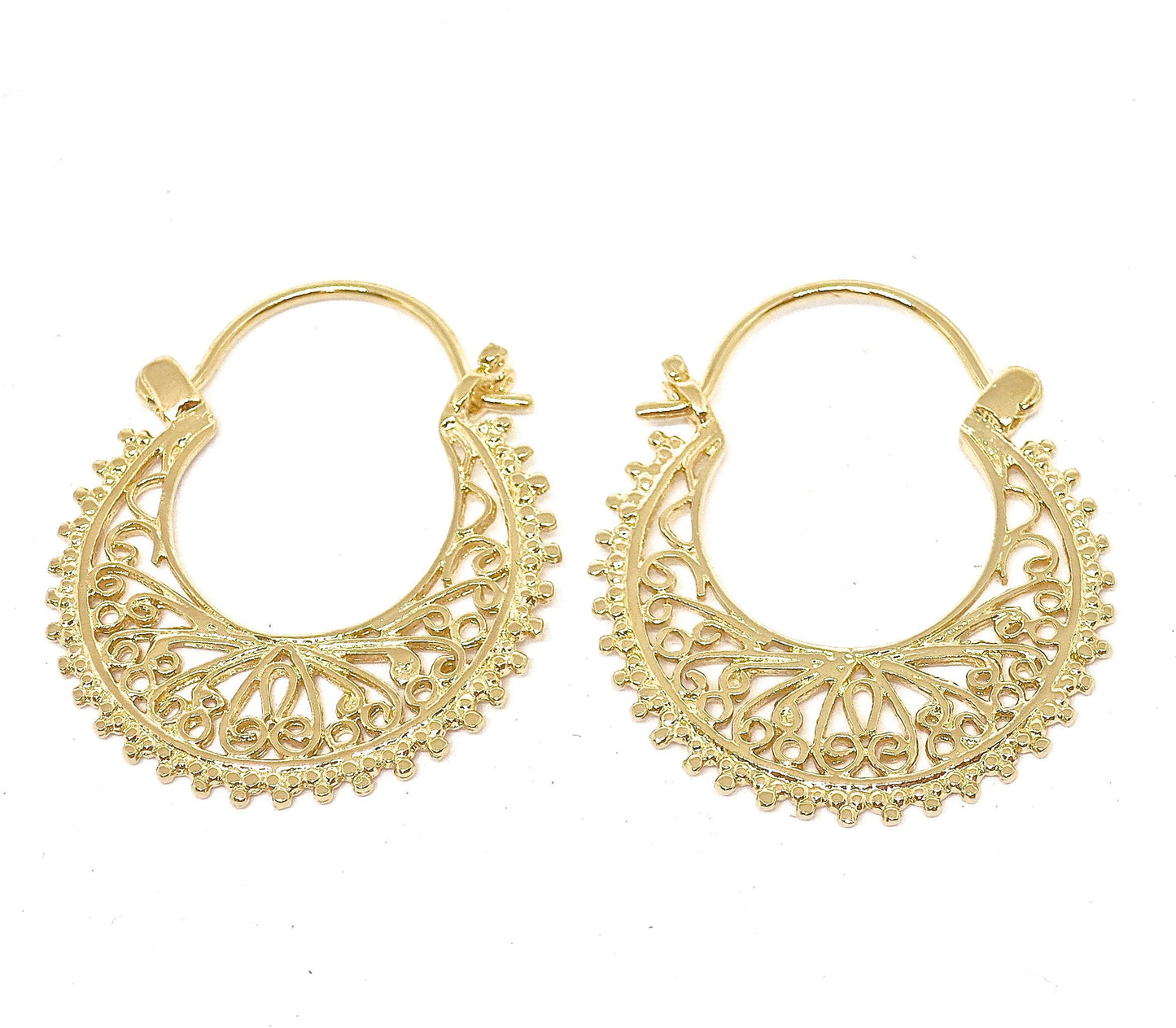 Handmade 14K Gold Floral Filigree Hoop Earrings, Statement Jewelry Gift for Her