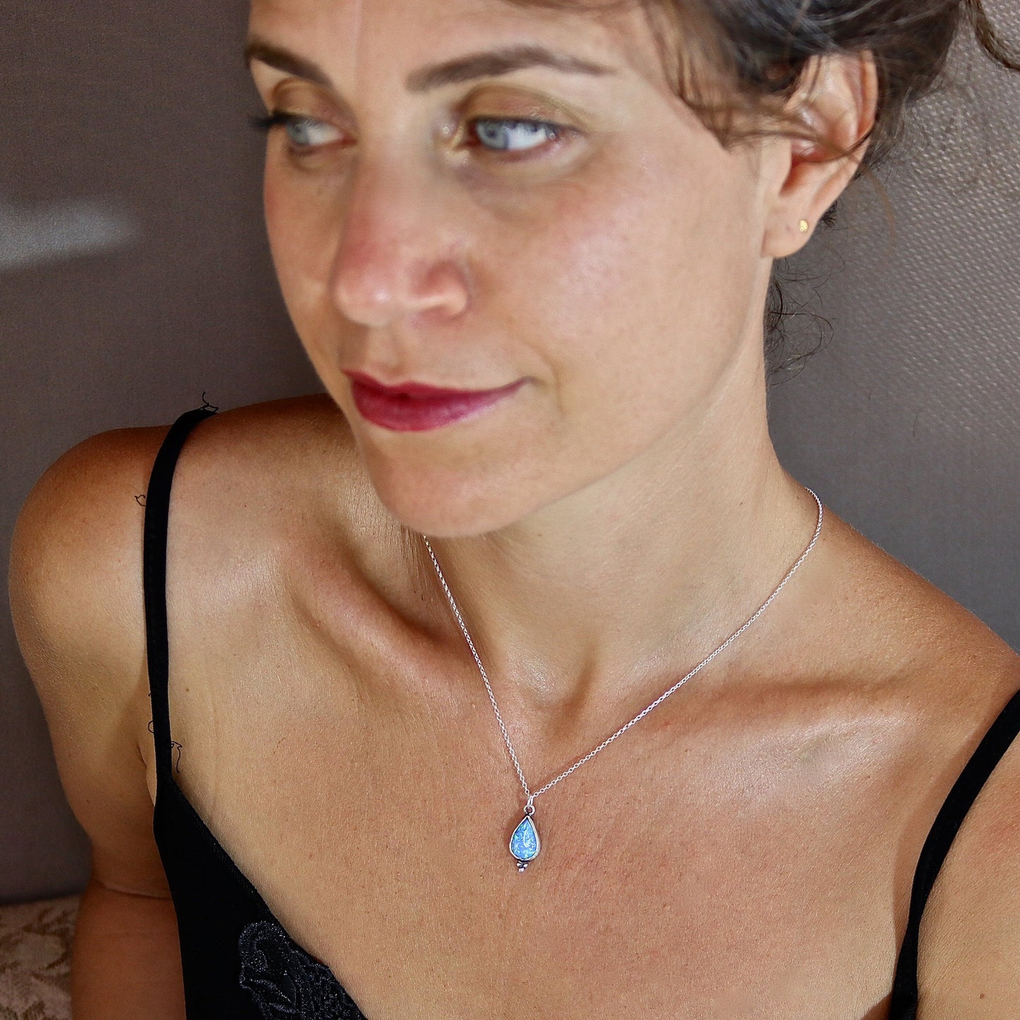 Opal drop מecklace pendant, Sterling silver 925 teardrop pendant, Blue Opal necklace