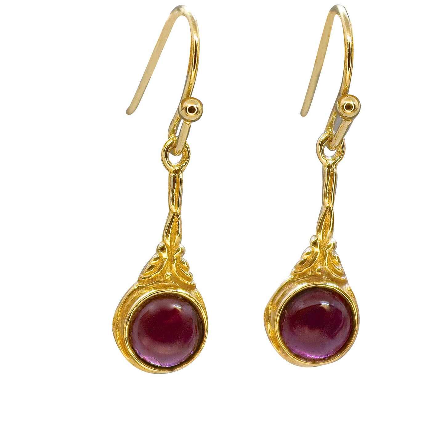 Garnet gold dangle earrings, Solid 14k gold victorian earrings