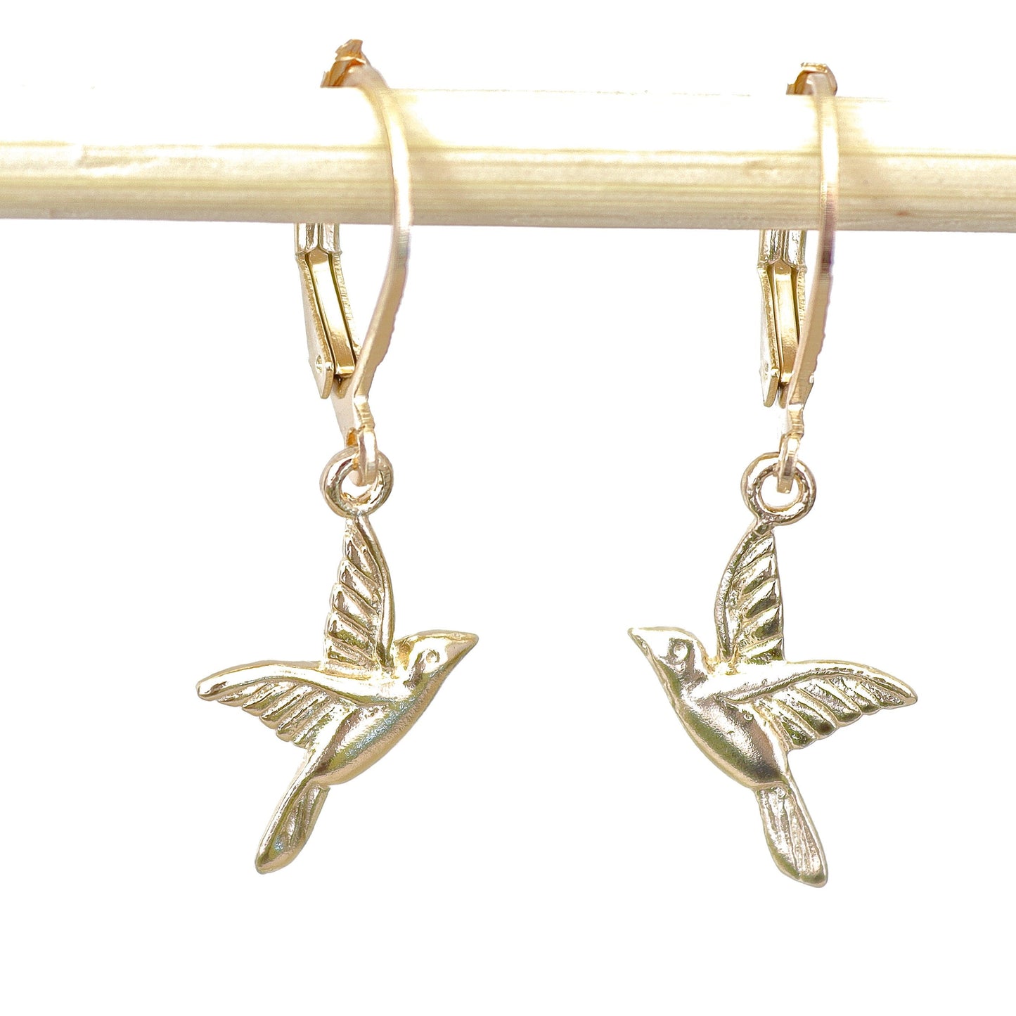 Bird solid 14k gold dangle earrings, Humming bird earrings