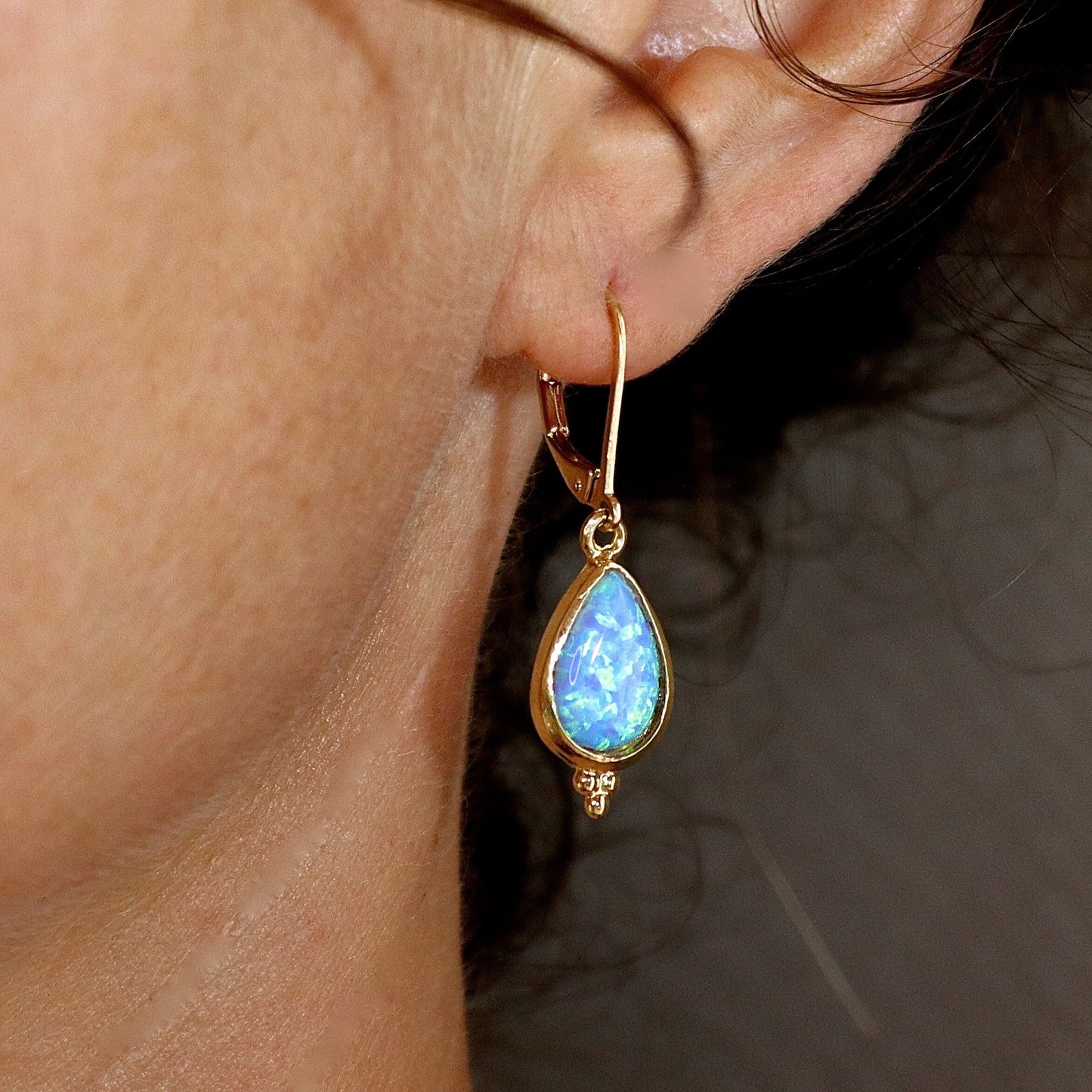 Opal gold earrings, Solid 14k gold blue Opal dangle earrings