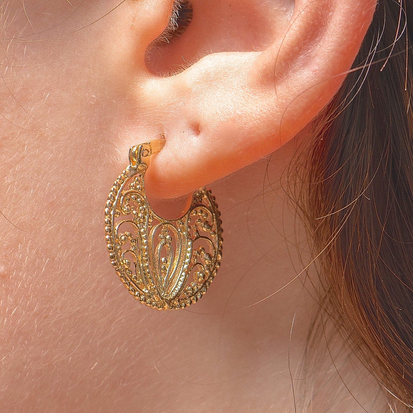 14k solid gold filigree hoop earrings