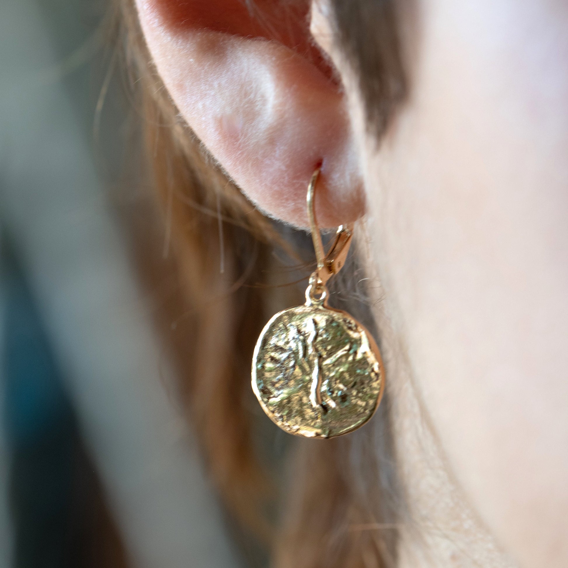 14k Gold Disc Dangle Earring, Textured Coin Circle Design, Boho Jewelry