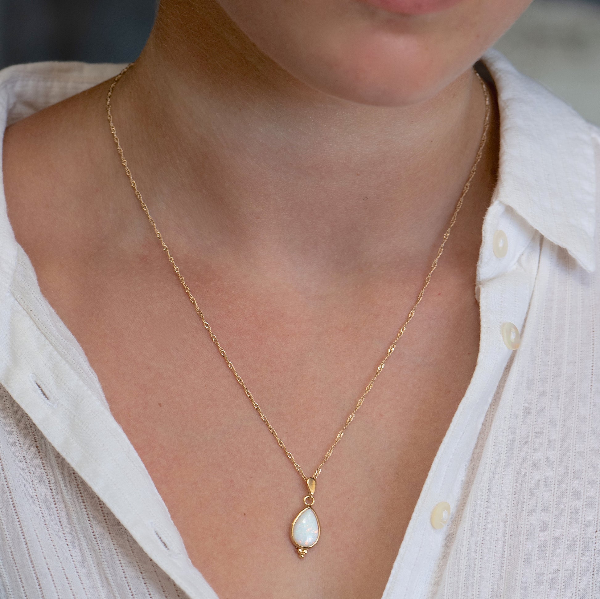 Opal solid 14k gold teardrop necklace pendant, White opal gold necklace