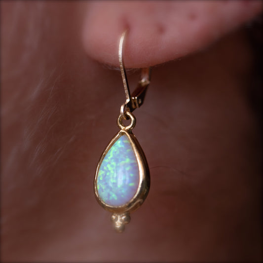 White Opal teardrop 14k solid gold dangle earring for woman
