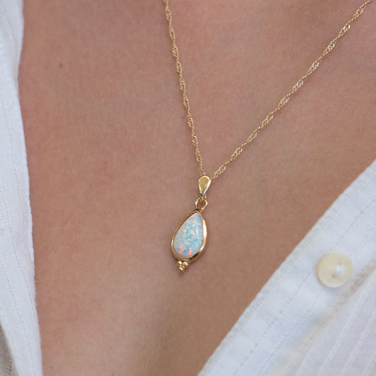 Opal gold necklace, White opal solid 14k gold drop pendant necklace