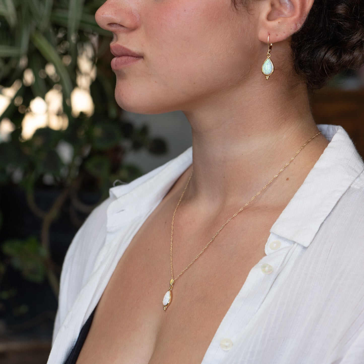 Opal gold necklace, White opal solid 14k gold drop pendant necklace