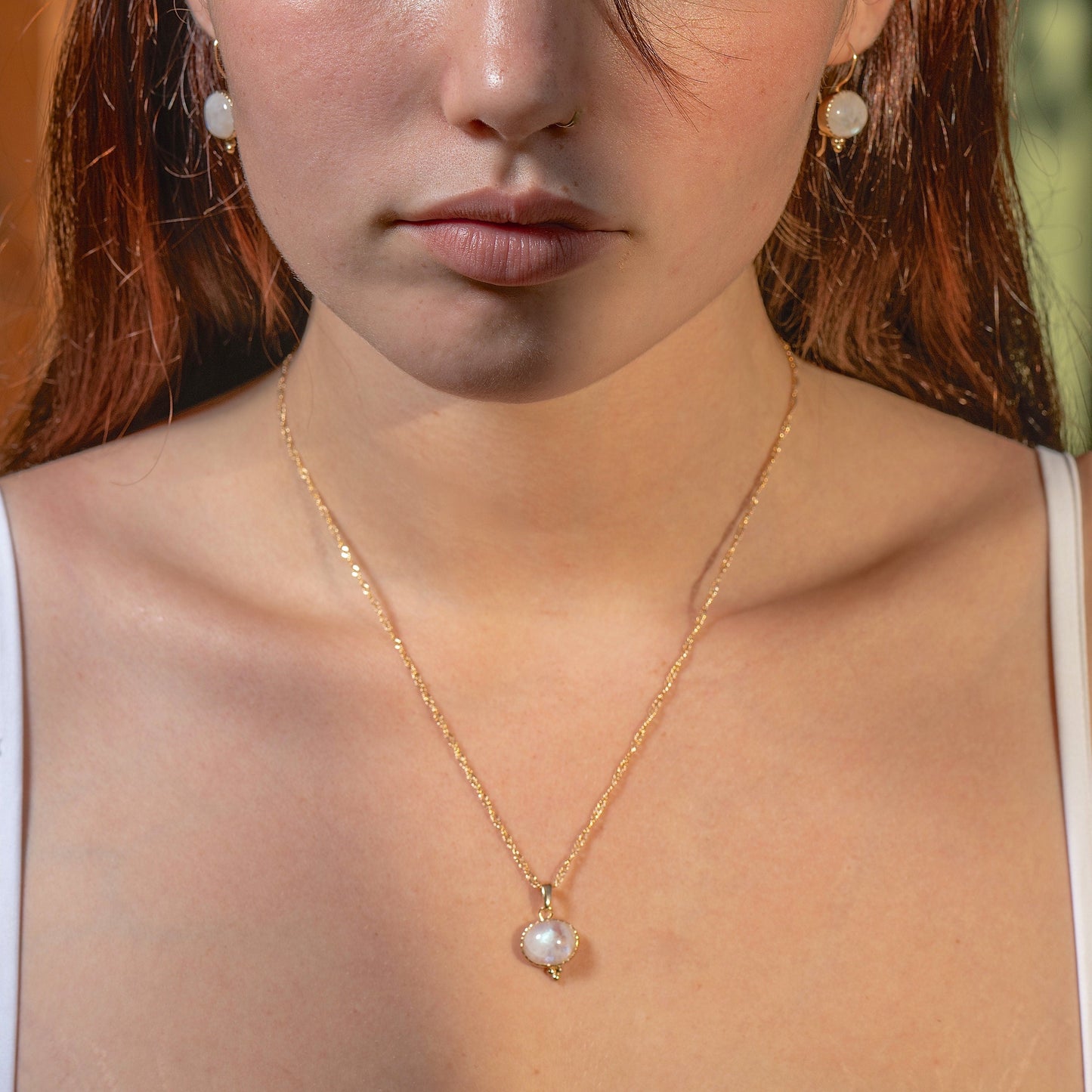 Moonstone gold pendant necklace, Rainbow moonstone pendant