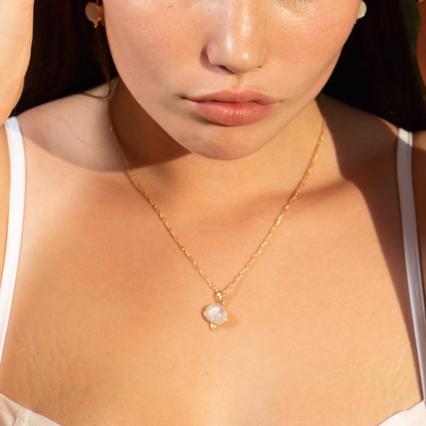 Moonstone gold pendant necklace, Rainbow moonstone pendant