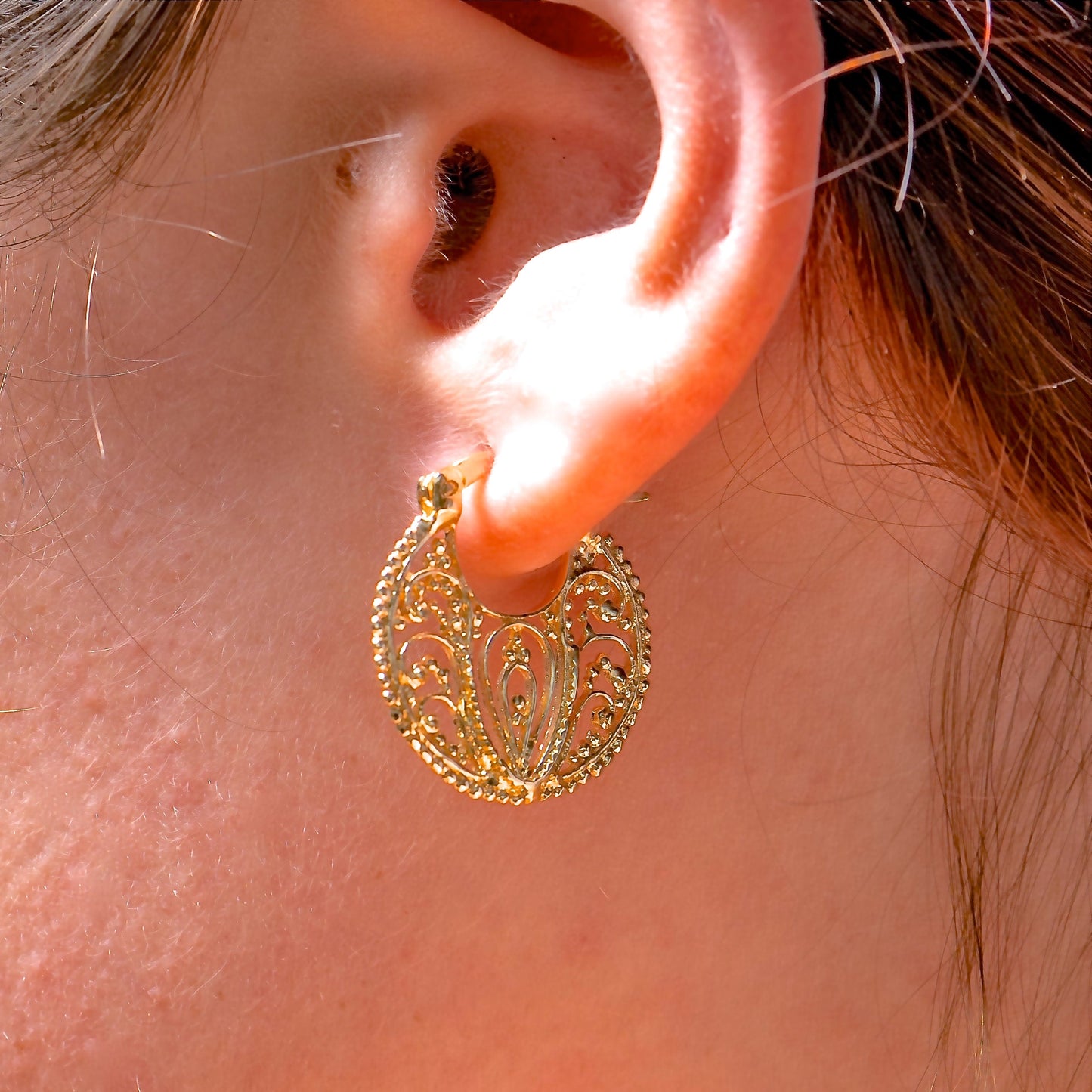 14k solid gold filigree hoop earrings