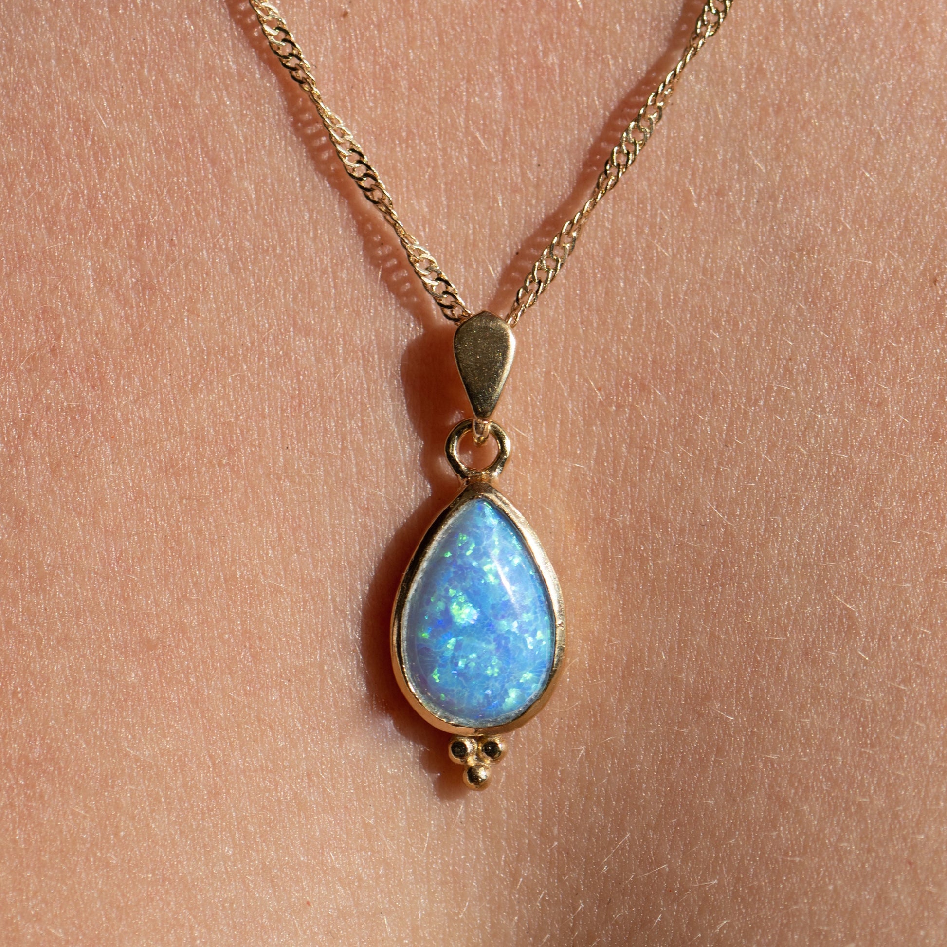 Blue Opal teardrop solid 14k gold necklace pendant