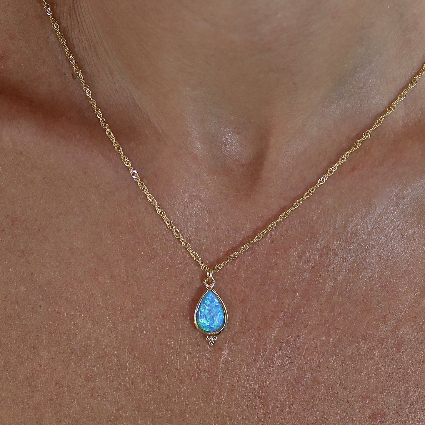 Blue Opal teardrop solid 14k gold necklace pendant