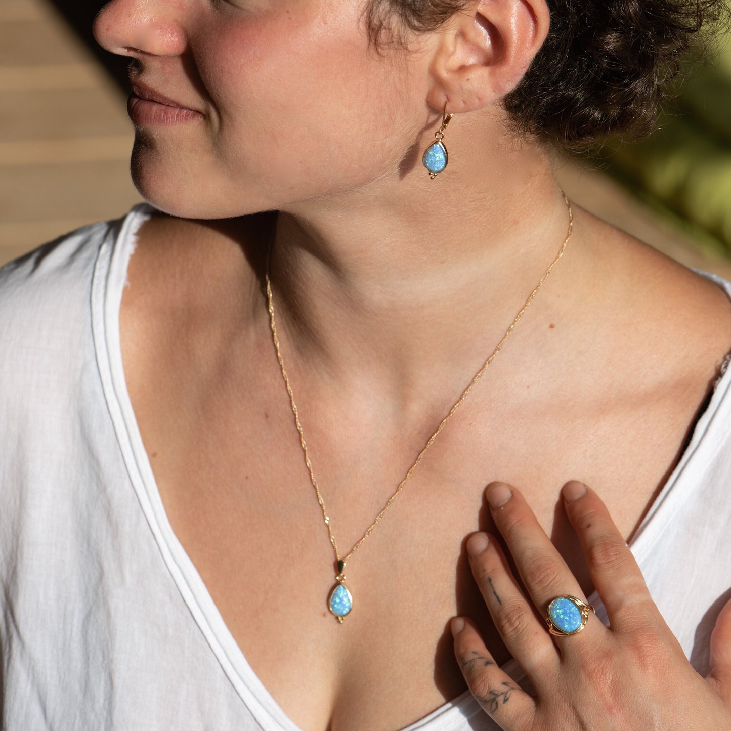 Blue Opal teardrop solid 14k gold necklace pendant