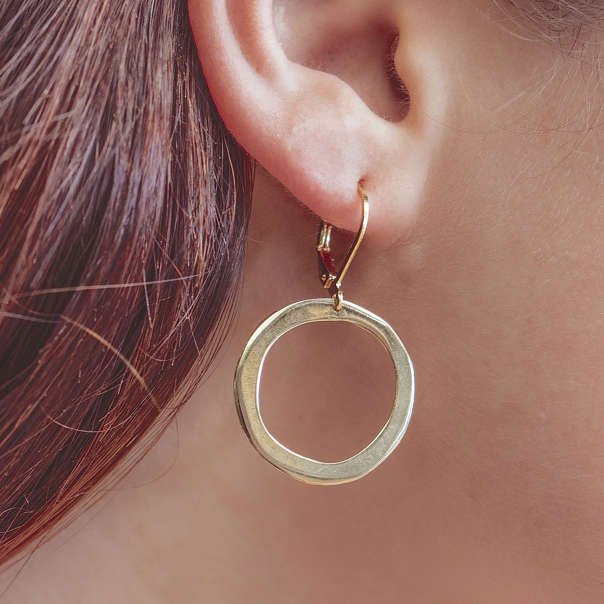 Open circle dangle earrings, Solid 14K gold hoop earrings