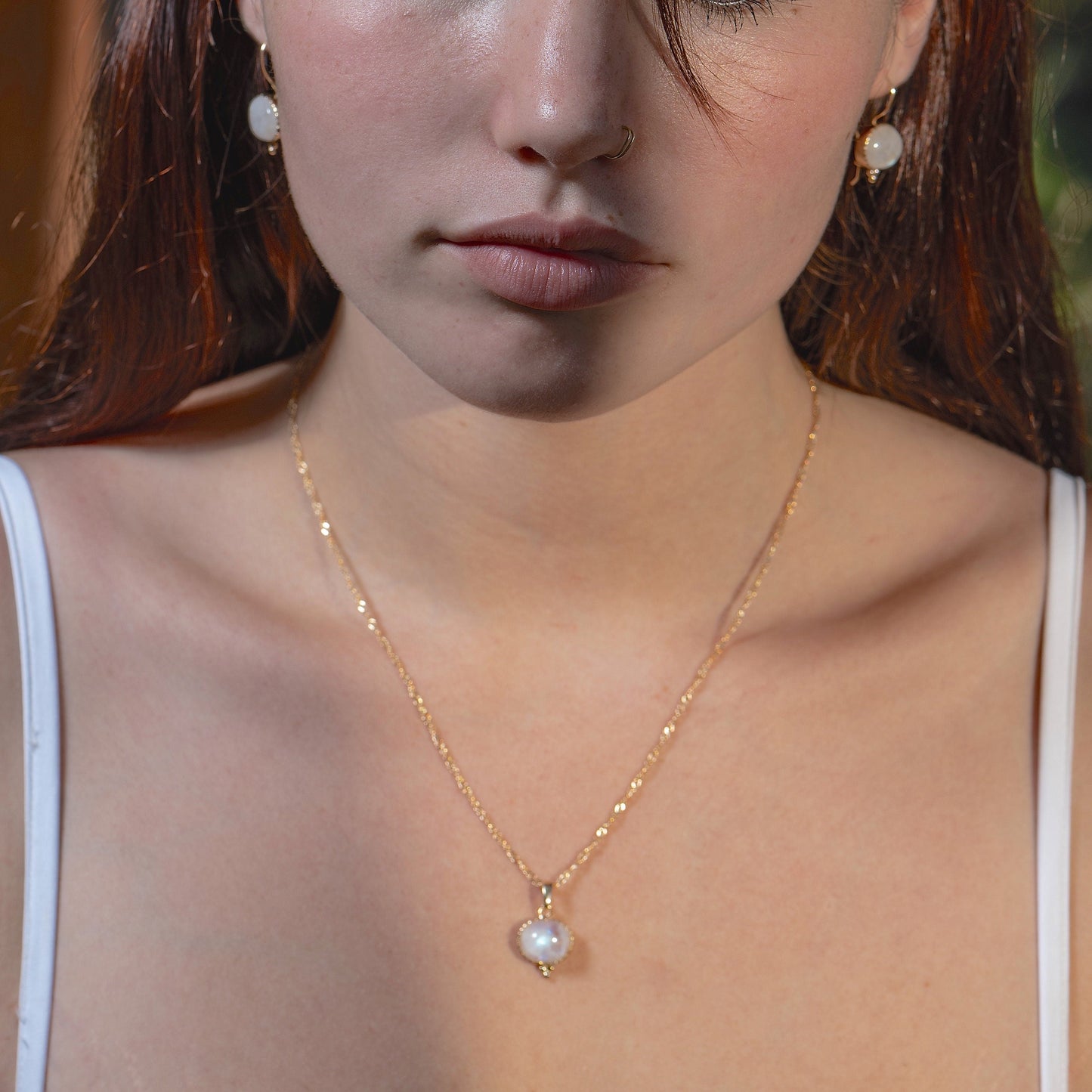 Moonstone gold pendant necklace, Rainbow moonstone pendant