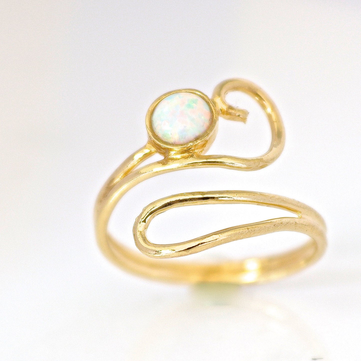 Opal gold ring, Adjustable white opal solid 14k gold ring