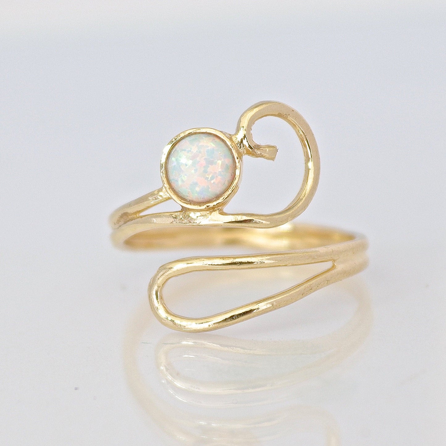 Opal gold ring, Adjustable white opal solid 14k gold ring