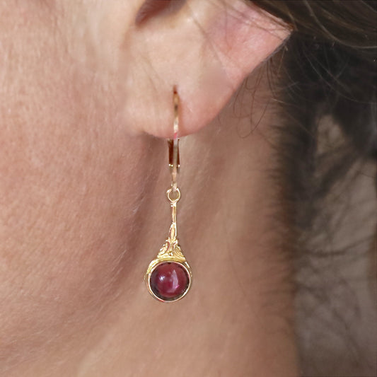 Garnet gold dangle earrings, Solid 14k gold victorian earrings