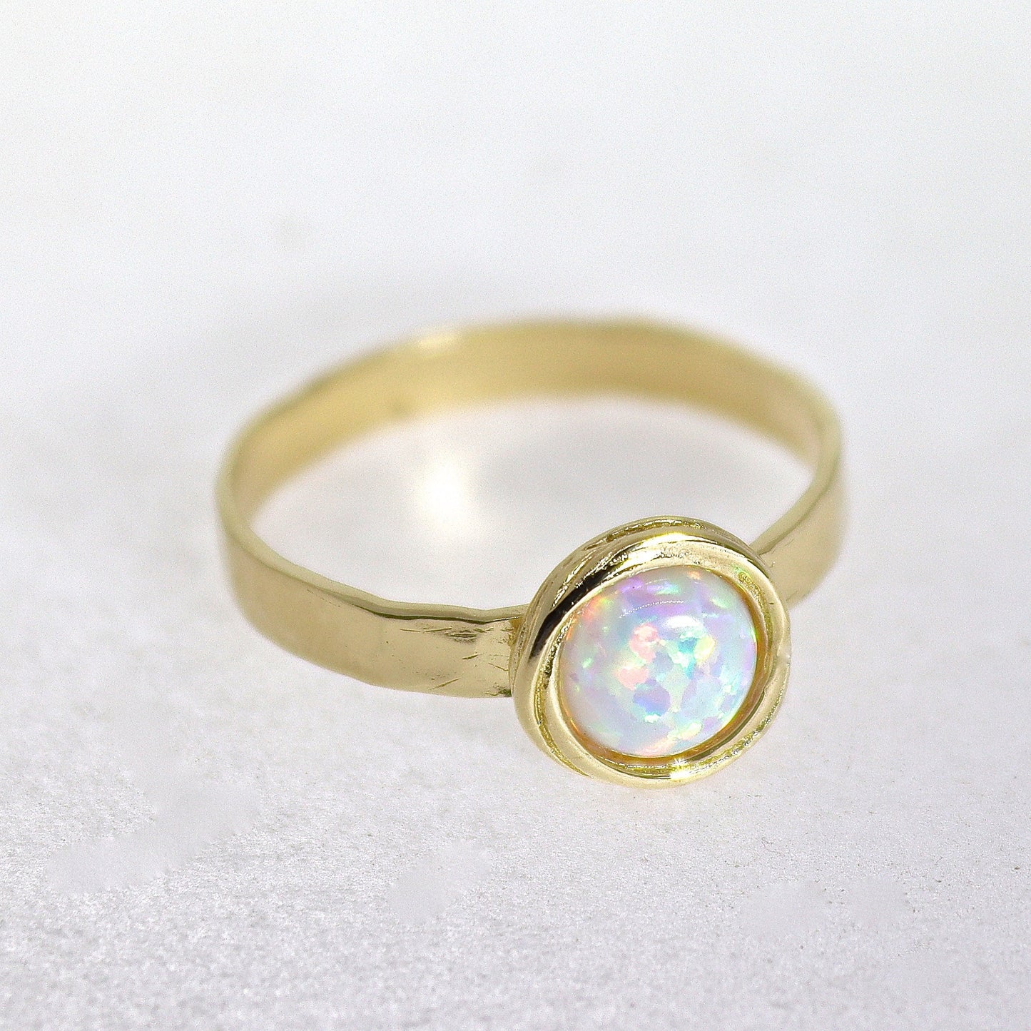 Opal 14k gold ring, White opal solid 14k gold band ring, Hammered real gold ring with stone