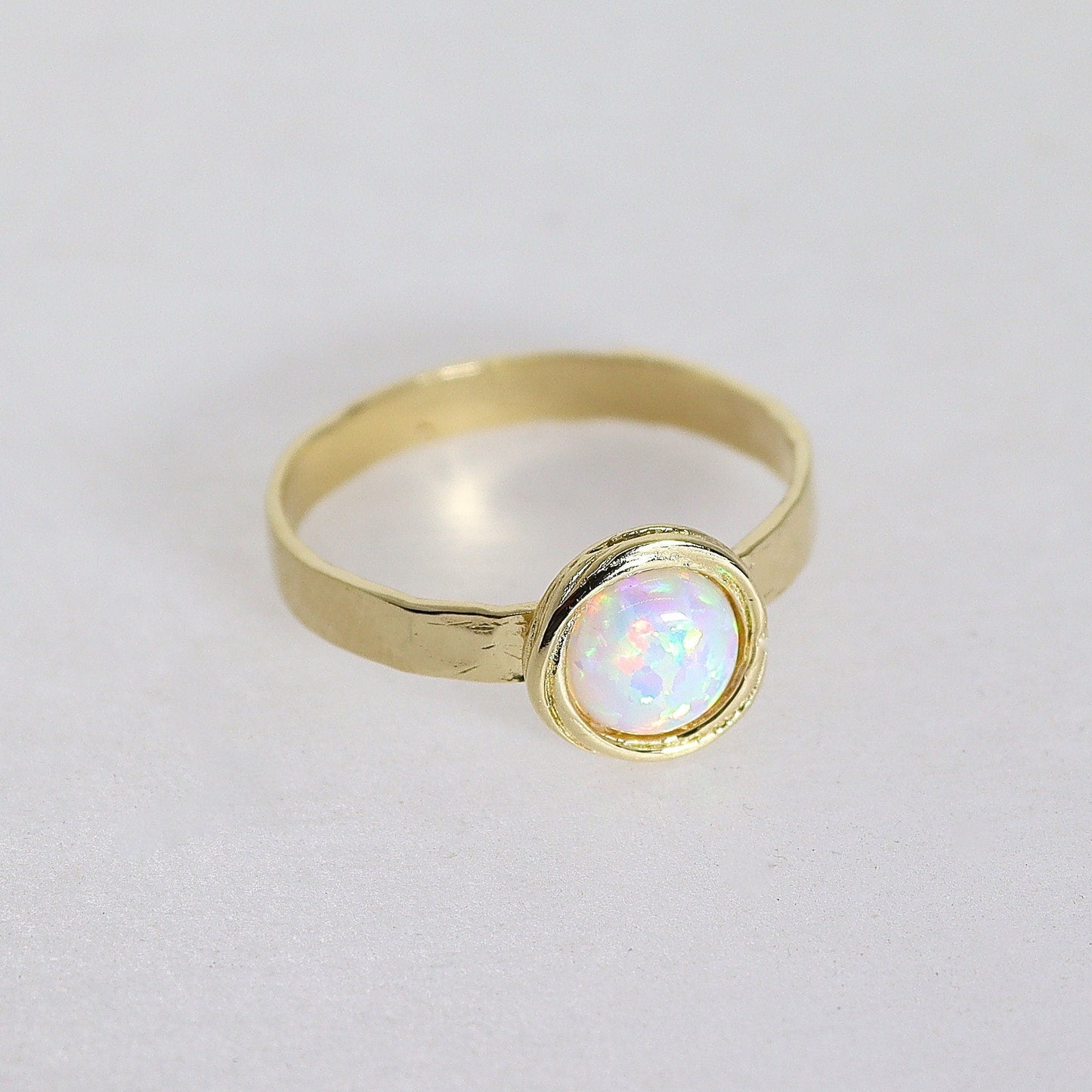 Opal 14k gold ring, White opal solid 14k gold band ring, Hammered real gold ring with stone