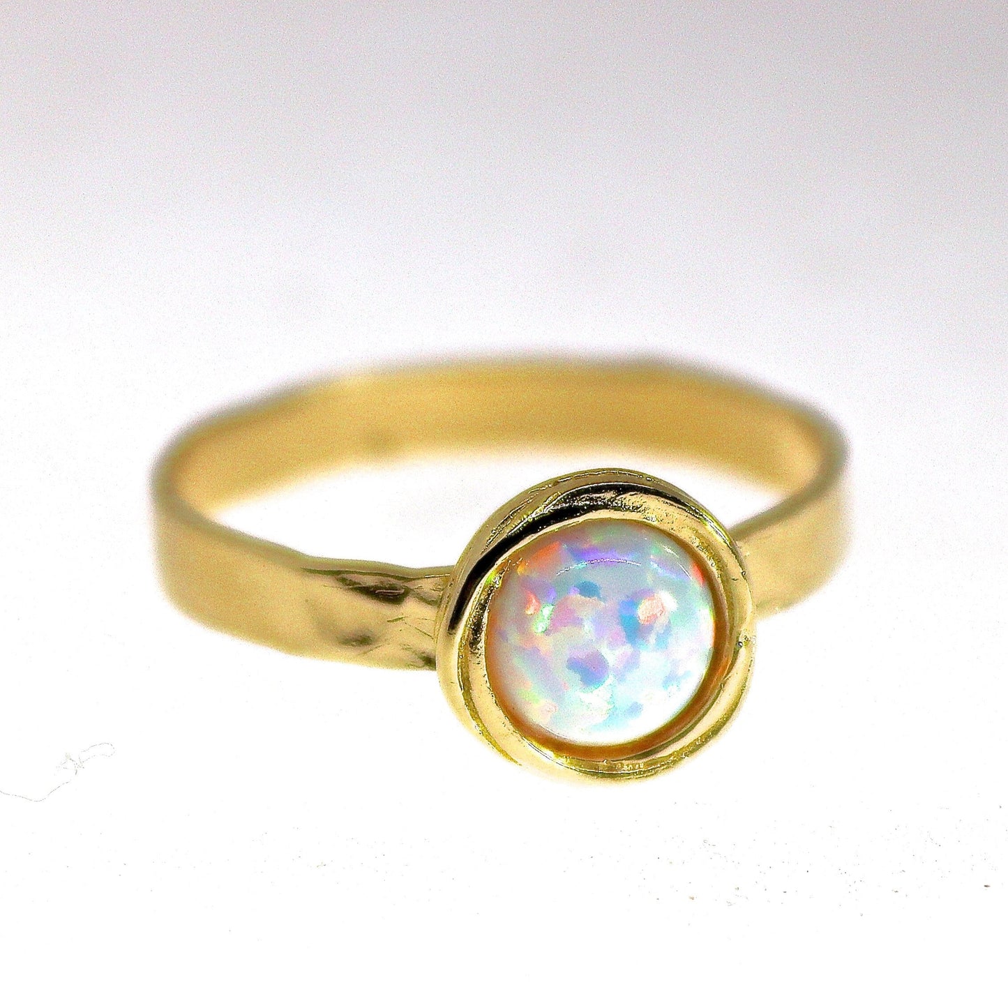 Opal 14k gold ring, White opal solid 14k gold band ring, Hammered real gold ring with stone