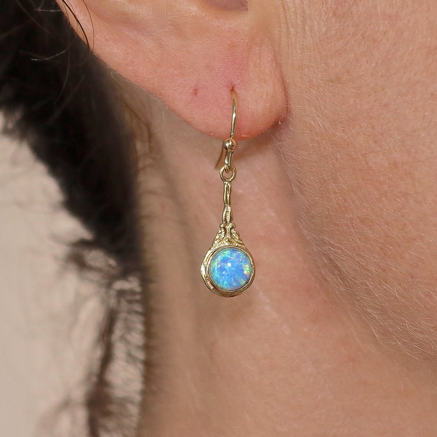 Opal 14k solid gold dangle earrings victorian style, Blue opal earrings