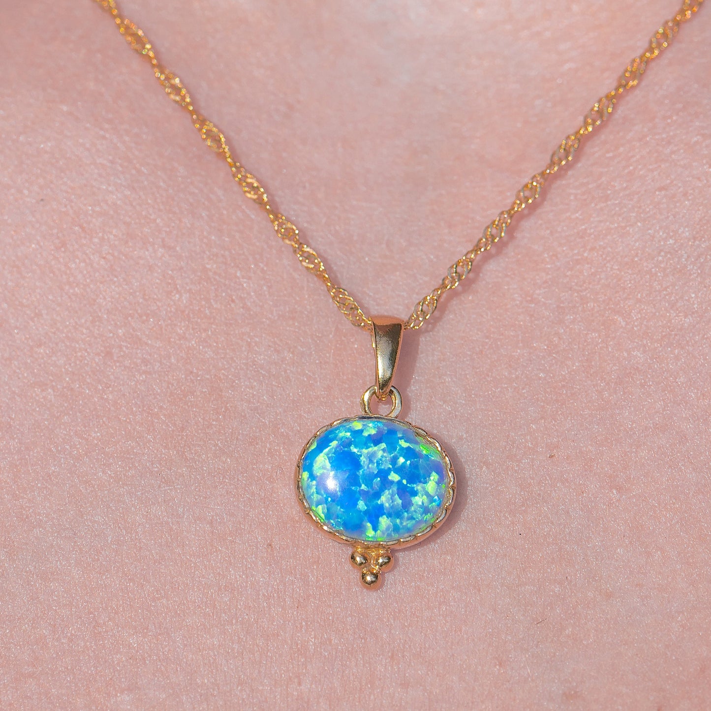 Opal Solid 14k gold necklace pendant, Blue Opal oval pendant