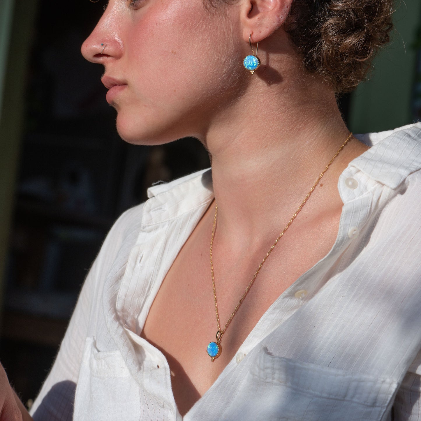 Opal Solid 14k gold necklace pendant, Blue Opal oval pendant