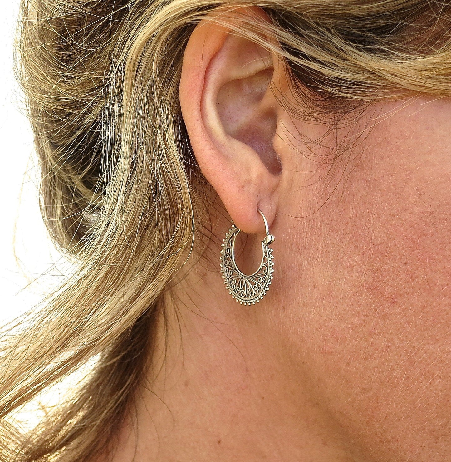 Filigree earrings, Sterling silver 925 hoop earrings