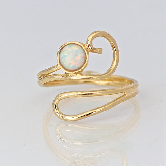Opal gold ring, Adjustable white opal solid 14k gold ring