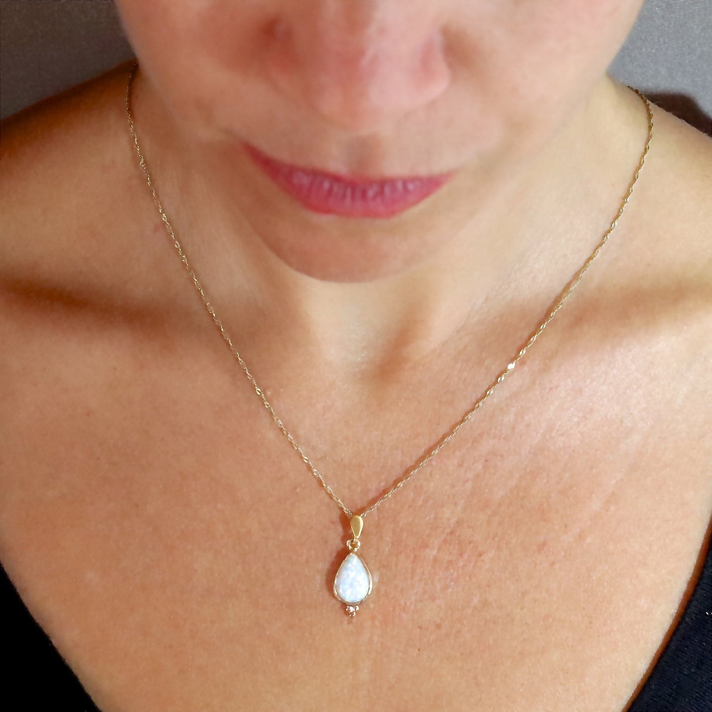 Opal gold necklace, White opal solid 14k gold drop pendant necklace