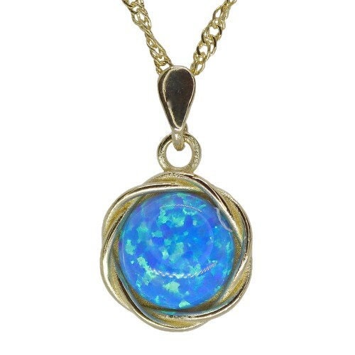 Opal gold necklace, Solid 14k gold round blue pendant necklace