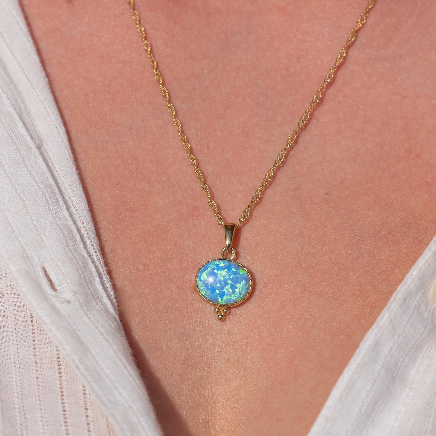 Opal Solid 14k gold necklace pendant, Blue Opal oval pendant