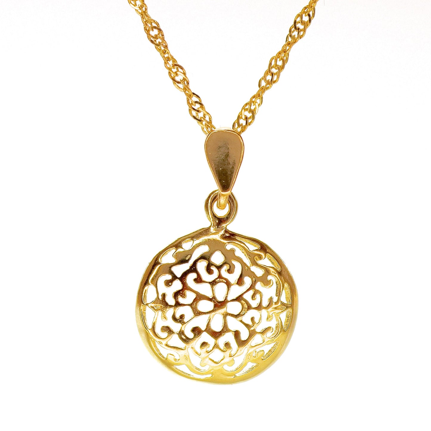 Filigree necklace, Solid 14k gold round necklace pendant