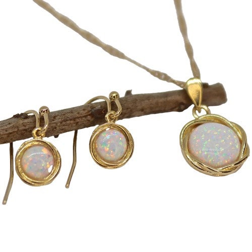 Opal jewelry set, Blue opal gold earrings and necklace pendant set