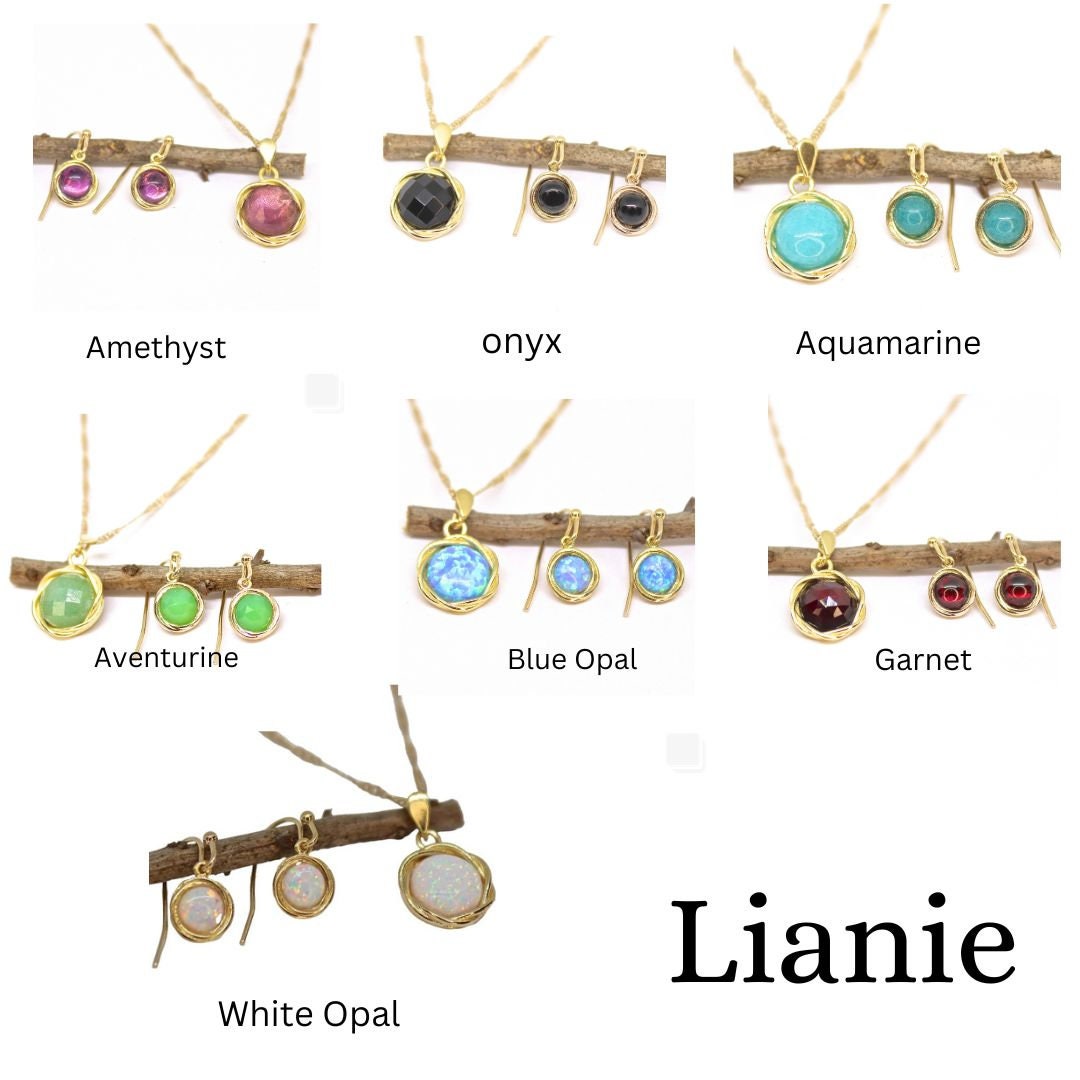 Opal jewelry set, Blue opal gold earrings and necklace pendant set