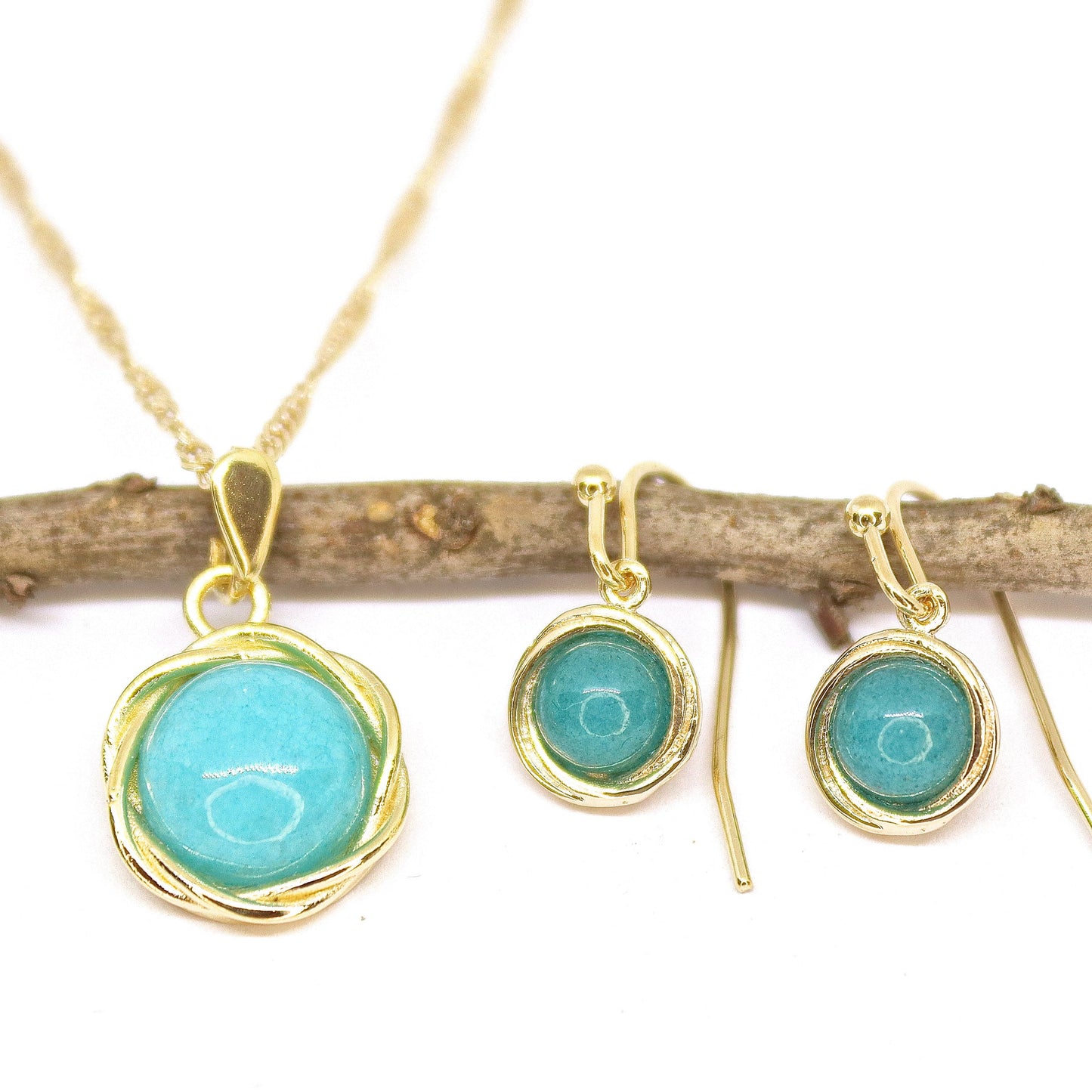 Opal jewelry set, Blue opal gold earrings and necklace pendant set