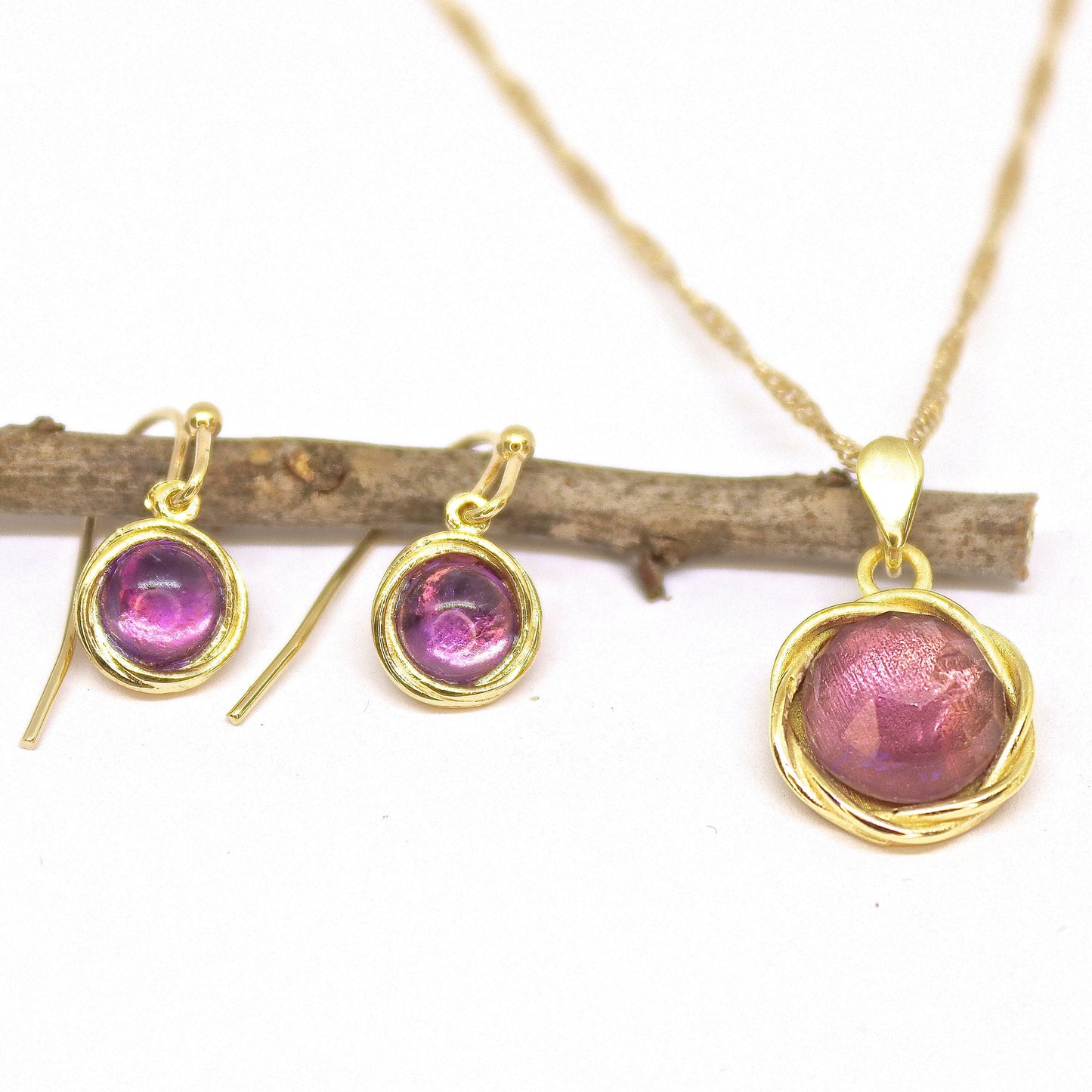 Opal jewelry set, Blue opal gold earrings and necklace pendant set