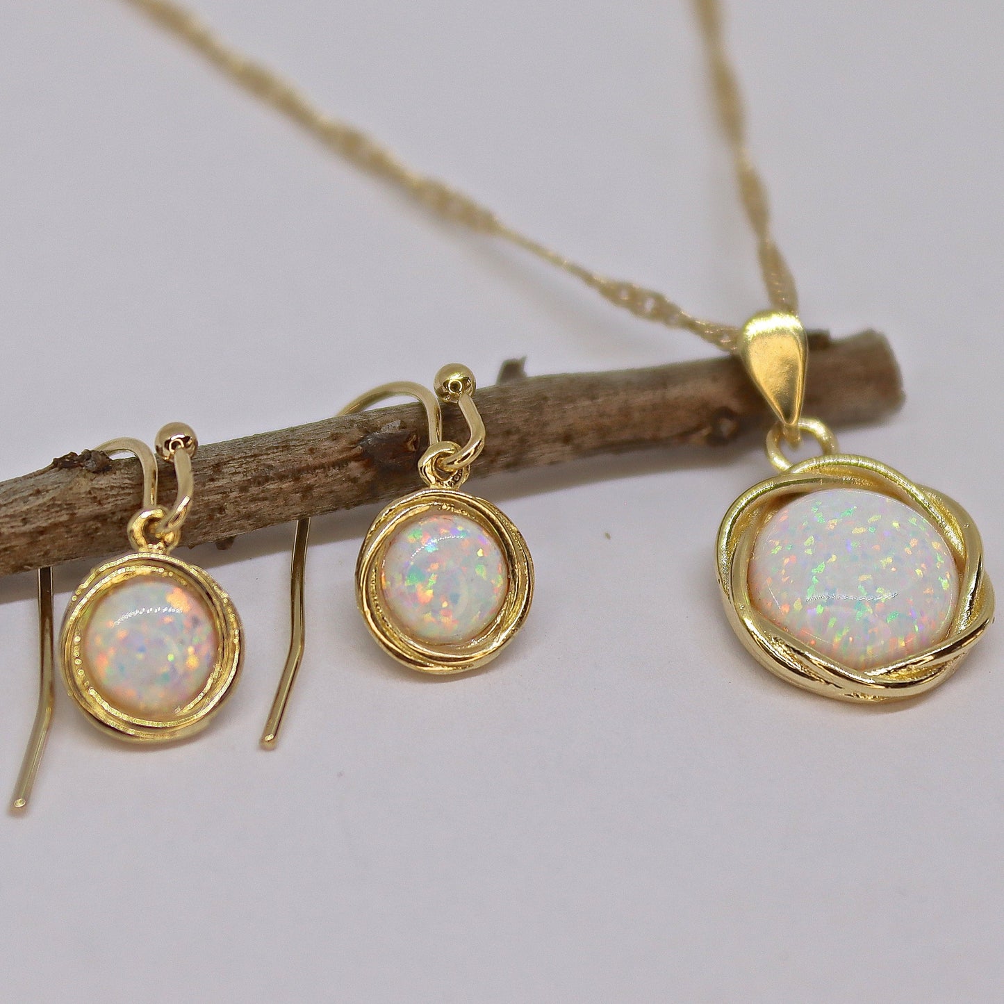 Opal jewelry set, Blue opal gold earrings and necklace pendant set