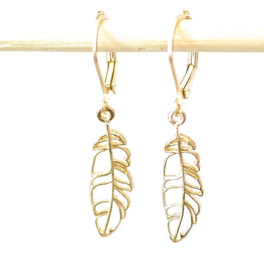 Gold feather earrings, 14k solid Gold feather dangle Earrings