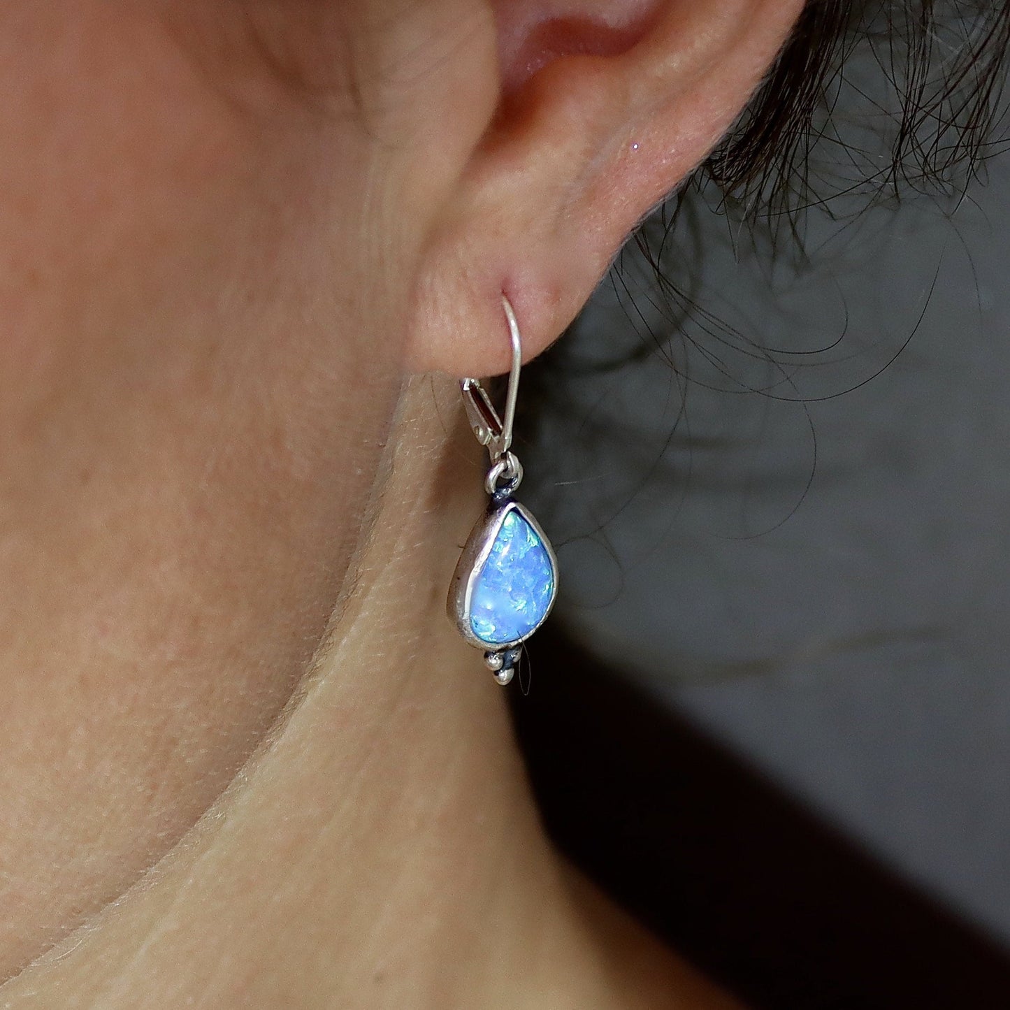 Opal drop earrings, Blue opal sterling silver 925 dangle earrings