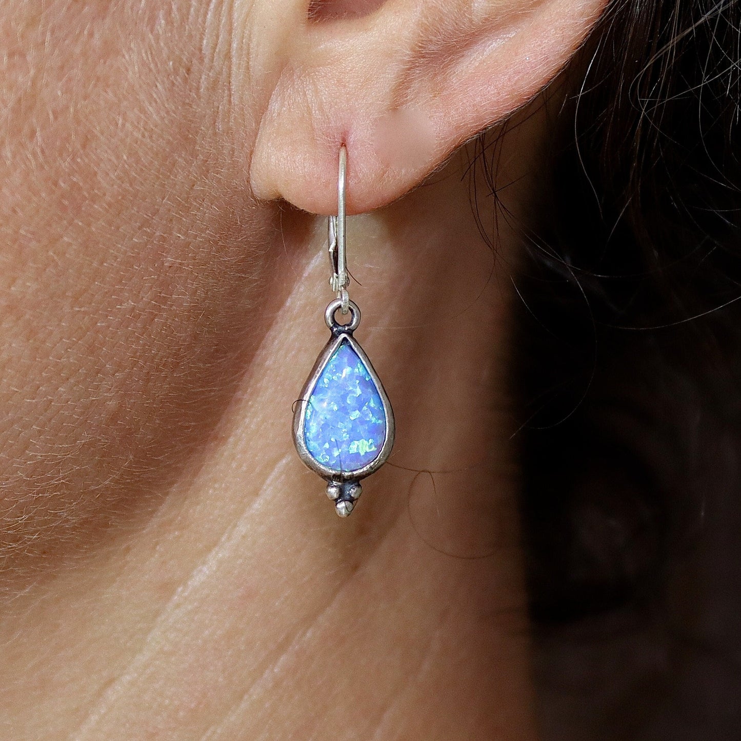 Opal drop earrings, Blue opal sterling silver 925 dangle earrings