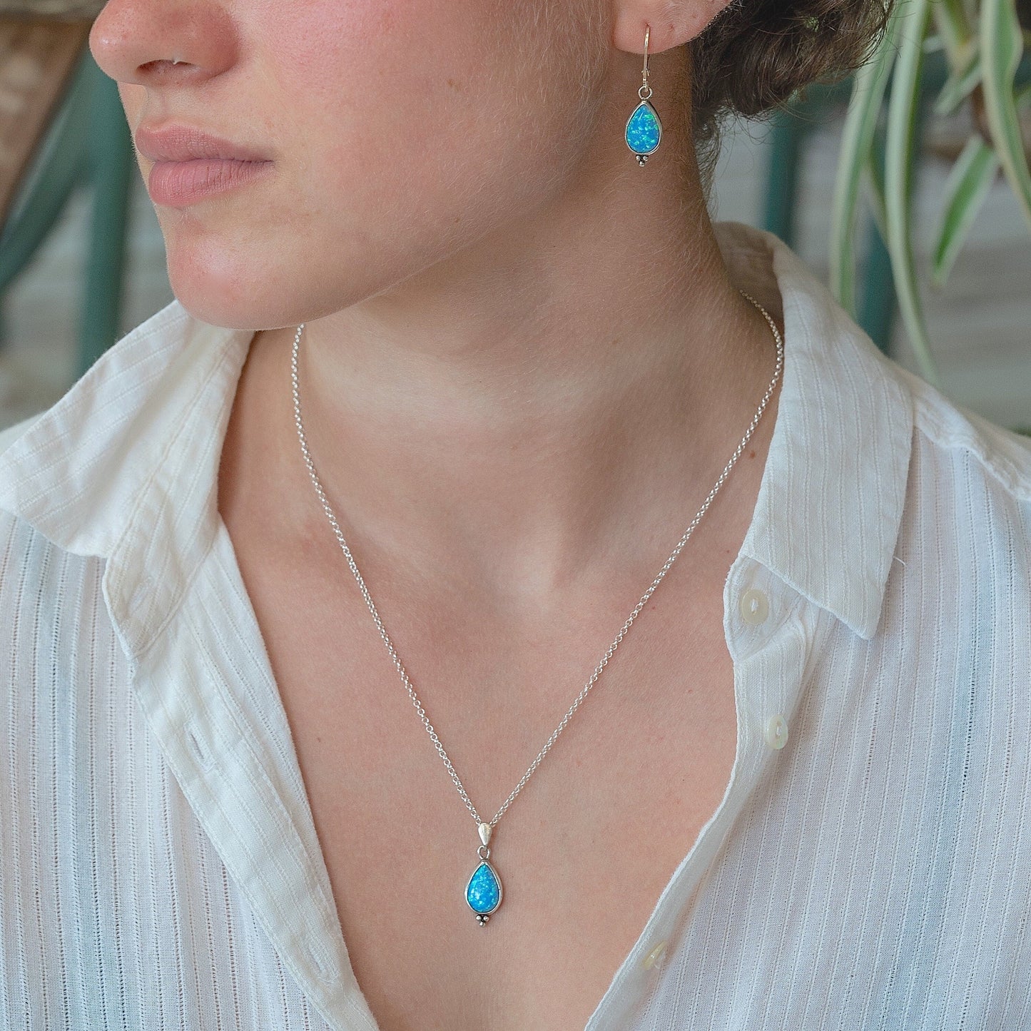 Opal drop earrings, Blue opal sterling silver 925 dangle earrings