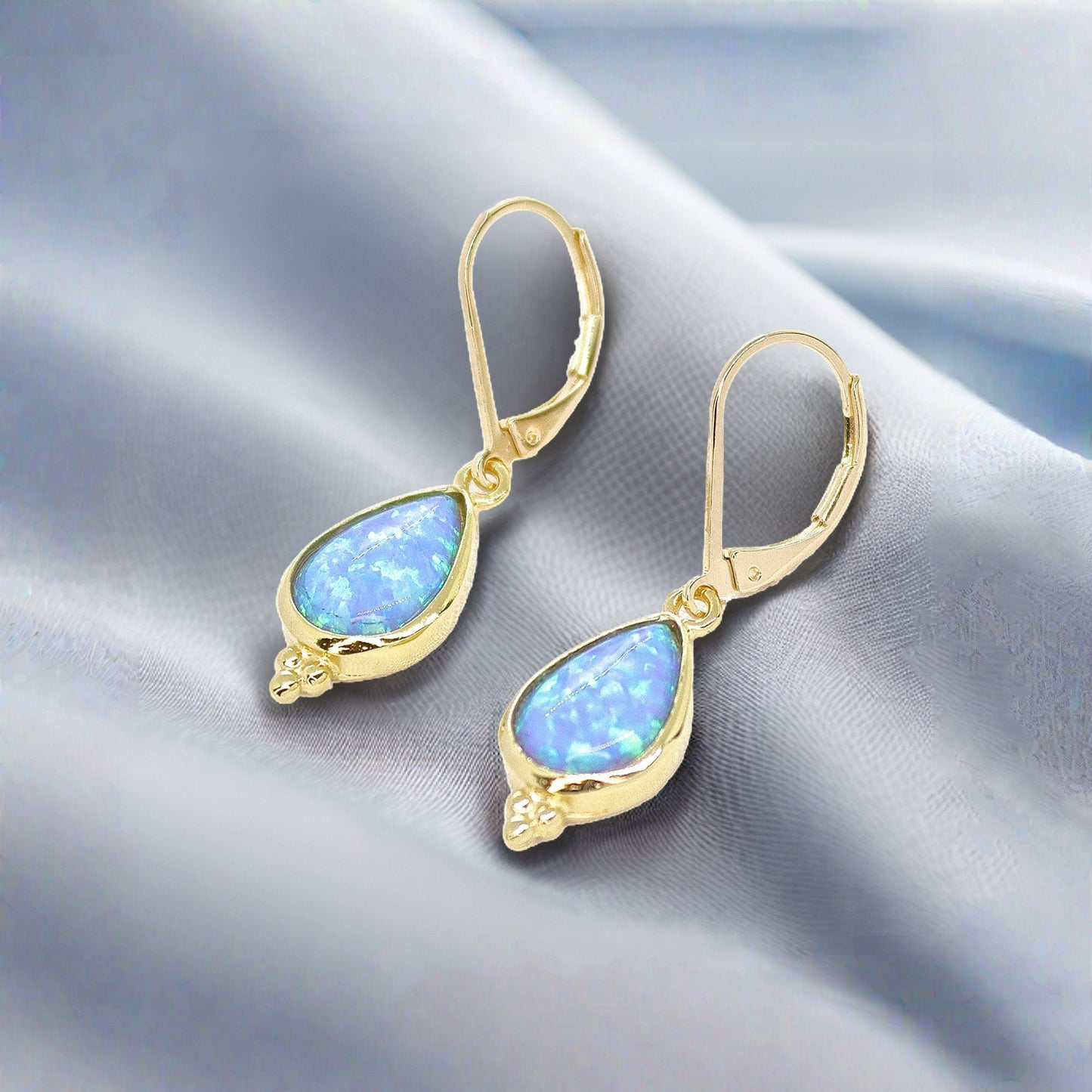Opal gold earrings, Solid 14k gold blue Opal dangle earrings