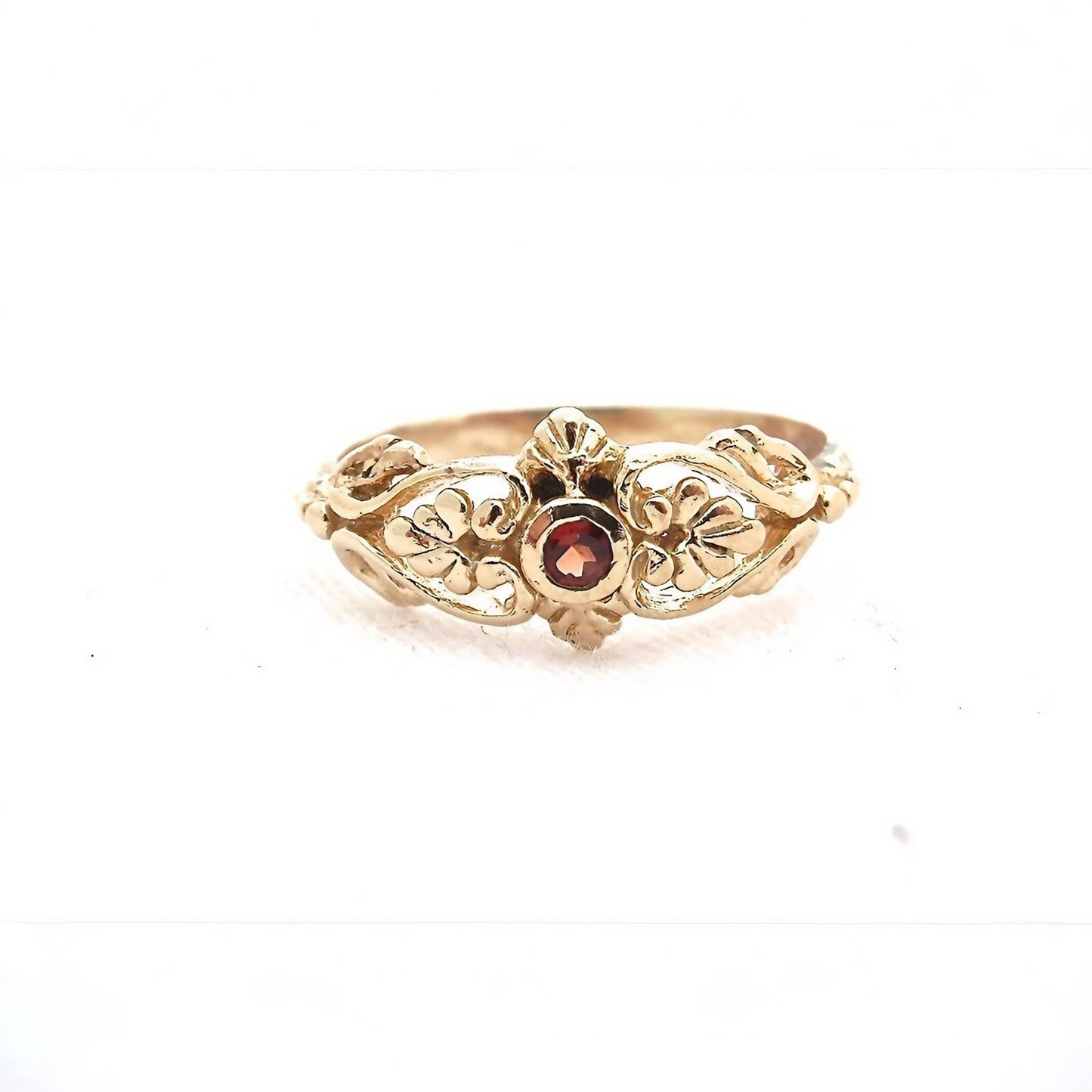 Garnet gold ring, Solid 14k gold victorian ring band