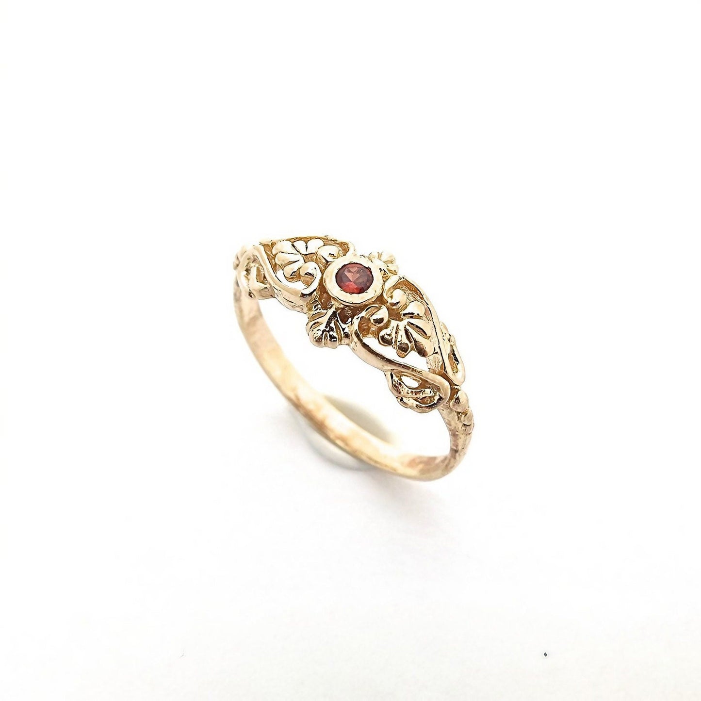 Garnet gold ring, Solid 14k gold victorian ring band