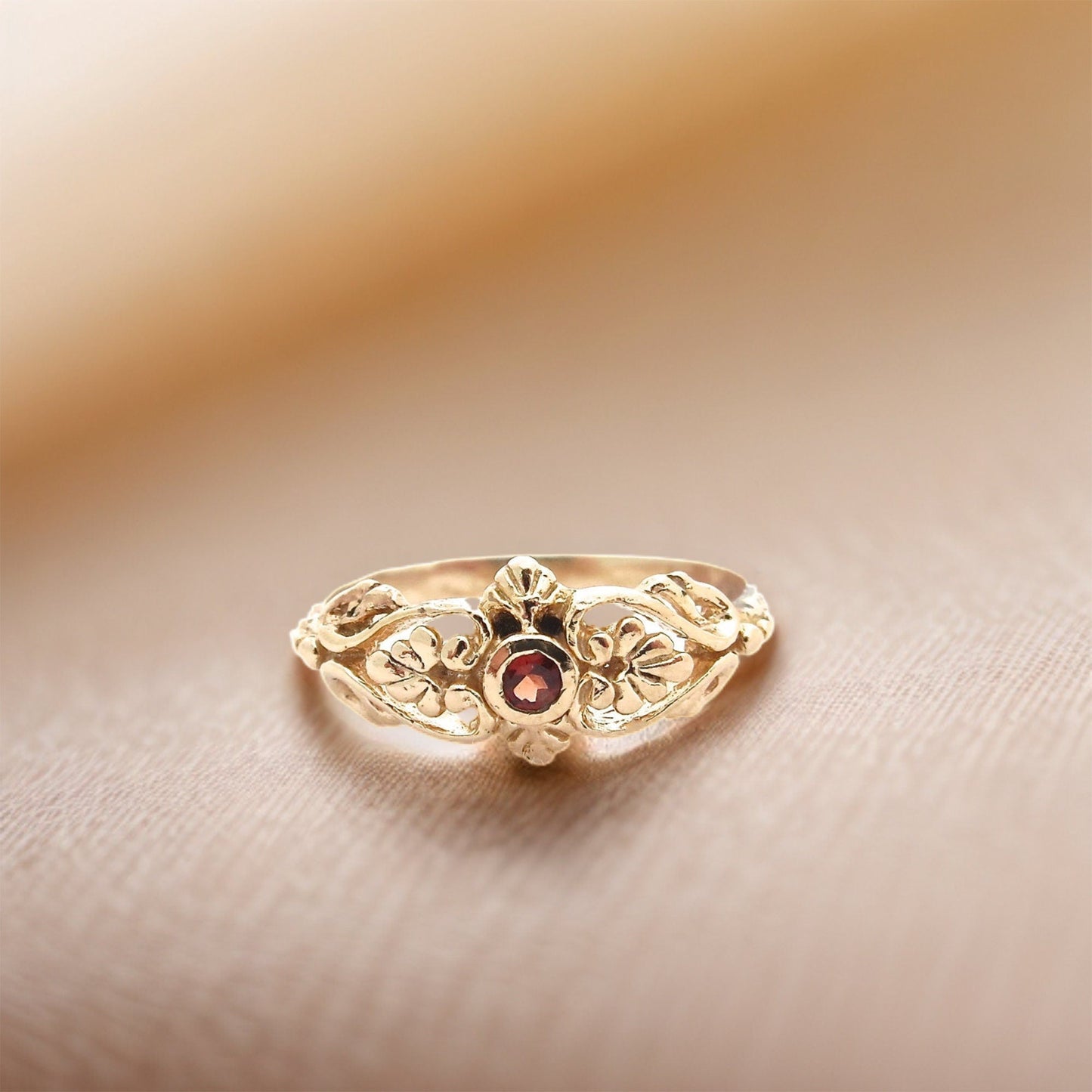 Garnet gold ring, Solid 14k gold victorian ring band
