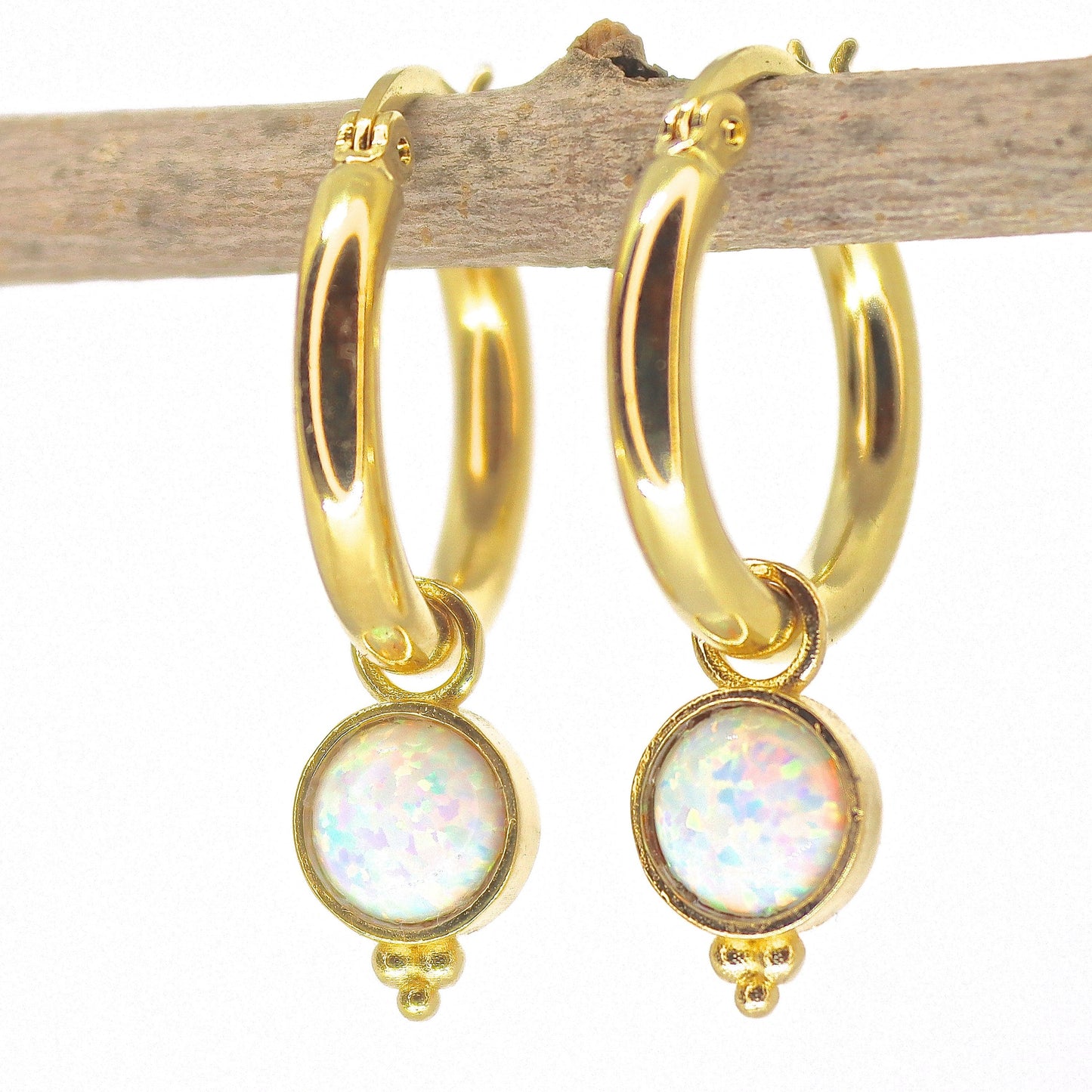 Stone hoop earrings, Gemstone thick gold dangle hoop earrings