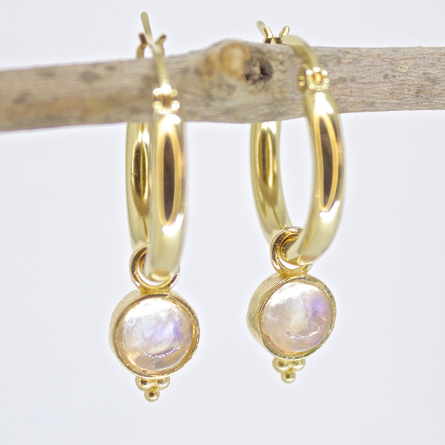 Opal 14k gold dangle hoop earrings, White opal hoop earrings